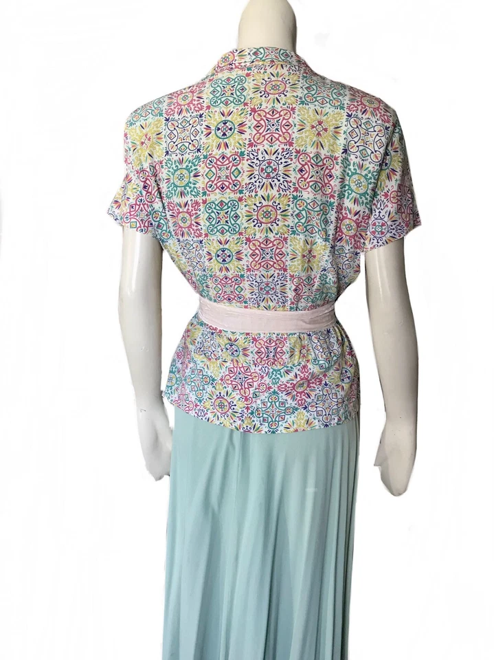 Blusa vintage 1940 multicolor rayón frío años 40 Segunda Guerra Mundial swing verano top EE. UU. talla 10 Foto 4 de 4