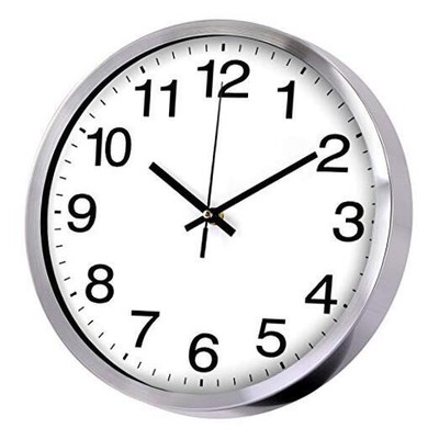 Wall Clock Metal Frame Glass Cover Non-Ticking Number Quartz Wall 12Inch Silver