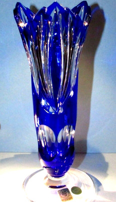 CAESAR CRYSTAL Blue Vase Hand Cut to Clear Overlay Czech Bohemia Cased