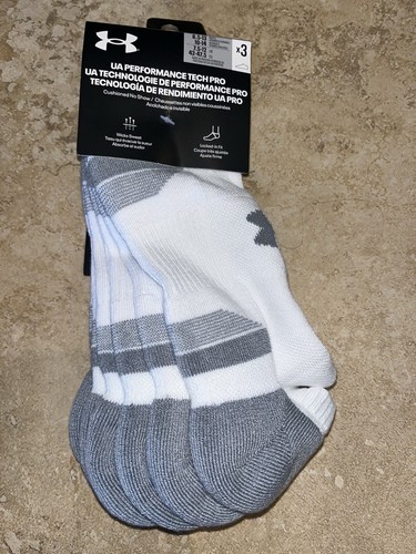 Neu mit Etikett Under Armour weiße Performance Tech Pro gepolsterte unsichtbare Socken 3er-Packung Lg 8,5-13