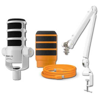 Rode PodMic USB Dynamic Broadcast Microphone (White) & Rode PSA1+ Orange Bundle