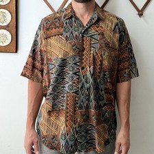 Vintage 90s Abstract Geometric Tribal Print Button Up Shirt Mens L