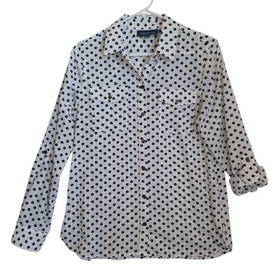 Jones New York Blouse White Black Apple Print Roll Tab Sleeves Womens Medium
