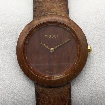 Vintage Tissot WoodWatch W150 32mm Wood Case Leather Band BROKEN PARTS REPAIR