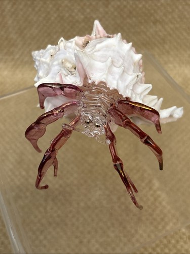Pink Art Glass Sea-Life Sculpture Hermit Crab Genuine Murex Shell 4” Beach - Picture 6 of 9