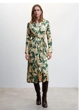 MANGO Floral Printed Belted Shirt Midi Dress in Green UK 10/M (fmn52-14)