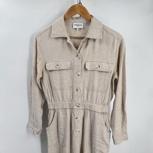 FRNCH Paris Jumpsuit Womens S Linen Blend Utility Button Up Cinch Waist Pockets - Picture 3 of 12