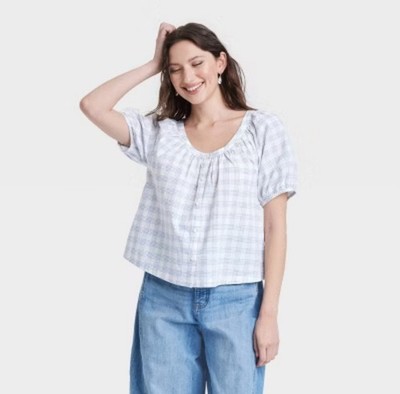 Universal Thread Puff Sleeve Plaid Blouse Women s XL   Casual Summer Top