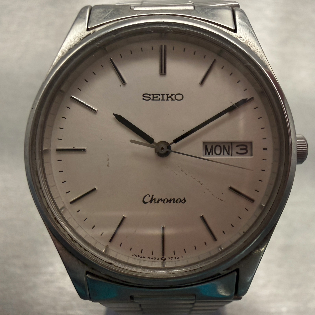 Seiko Chronos Watch Men 34mm Silver Dial Silver Daydate Round 5H23