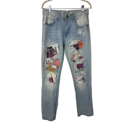 DSTAKT Denim Distressed Patchwork Jeans Light Wash Straight Leg Boho Grunge