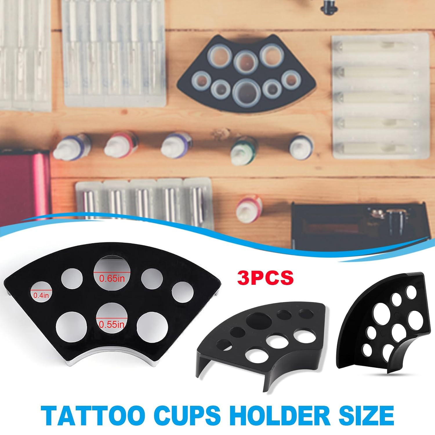 303-Pc Tattoo Ink Caps Kit with 3 Black Holders — 100 Small, 100 Medium, 100 Lar