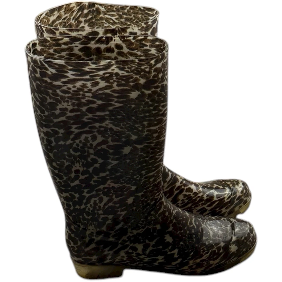 Charles Albert Leopard Print Rain Boots Women’s Size 9 Brown Tall Rubber - Image 2 of 4
