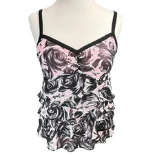 Loft Women's Y2K Pink Black Floral Ruffle Sleeveless Romantic Tank Blouse Size 2