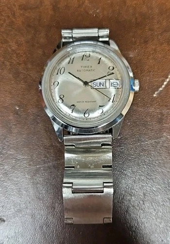 Vintage Timex Automatic Day Date Silver-Tone Stainless-Steel Watch W/ Timex Band