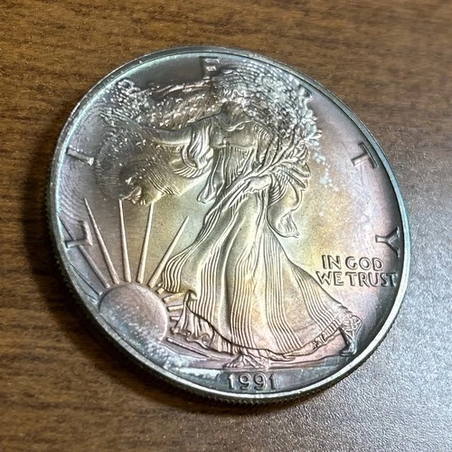 1991 $1 American Silver Eagle Gem BU Uncirculated RAINBOW TONING