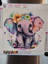 Completed Diamond Art 30x30cm baby elephant with flowers
