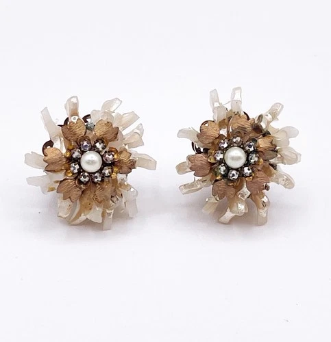 Vintage Signed Miriam Haskell Floral Clip-On Earrings Lucite Pearl Rhinestone