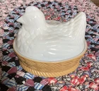 Vintage Avon Chicken Hen On A Nest Milk Glass, Tan 1973 Candy, Nut, Trinket Dish