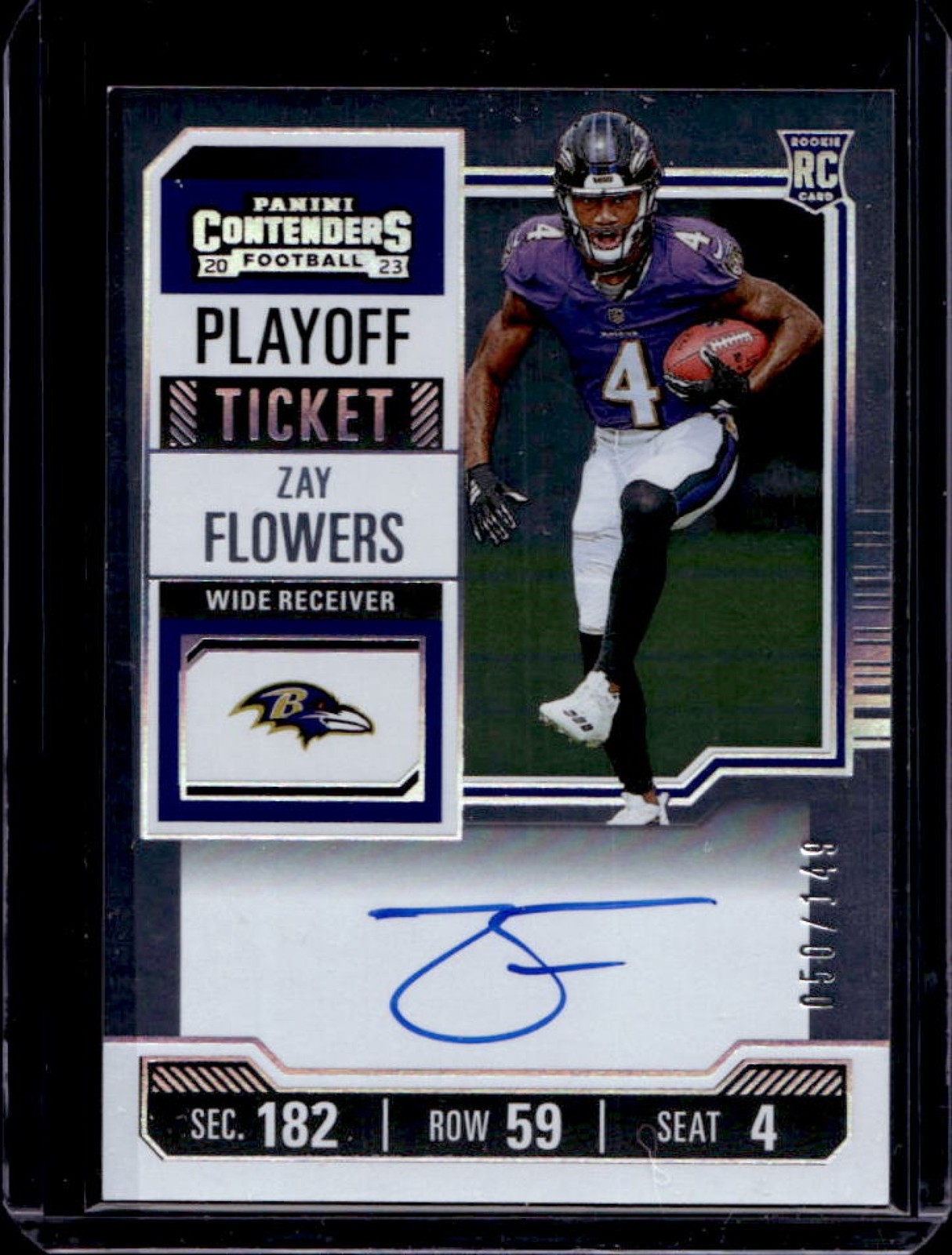 2023 Contenders Zay Flowers RC Playoff Ticket Rookie Auto #50/149 Ravens