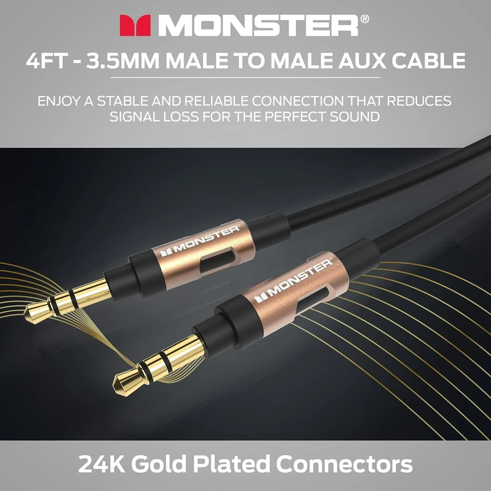 Monster Premium Stereo Audio AUX Cable 3.5mm Male Jack to Jack - White/Gold 1.2m - Image 2 of 4