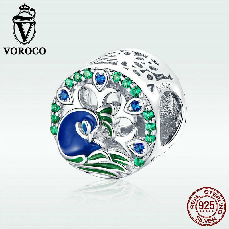 Charm Portafortuna Pavone VOROCO In Argento 925 Con Smalto E CZ &ndash; Per Bracciale Europeo