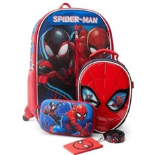 Marvel Spiderman Boy's 4 PC set Backpack Lunch Bag Lanyard Zip Set, Red/Blue