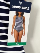 New Lands End Swimsuit Women's XL Navy White Stripe One Piece UPF 50 w/tags