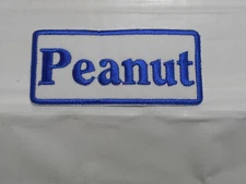 PEANUT  NEW EMBROIDERED  SEW / IRON ON NAME PATCH BLUE ON WHITE