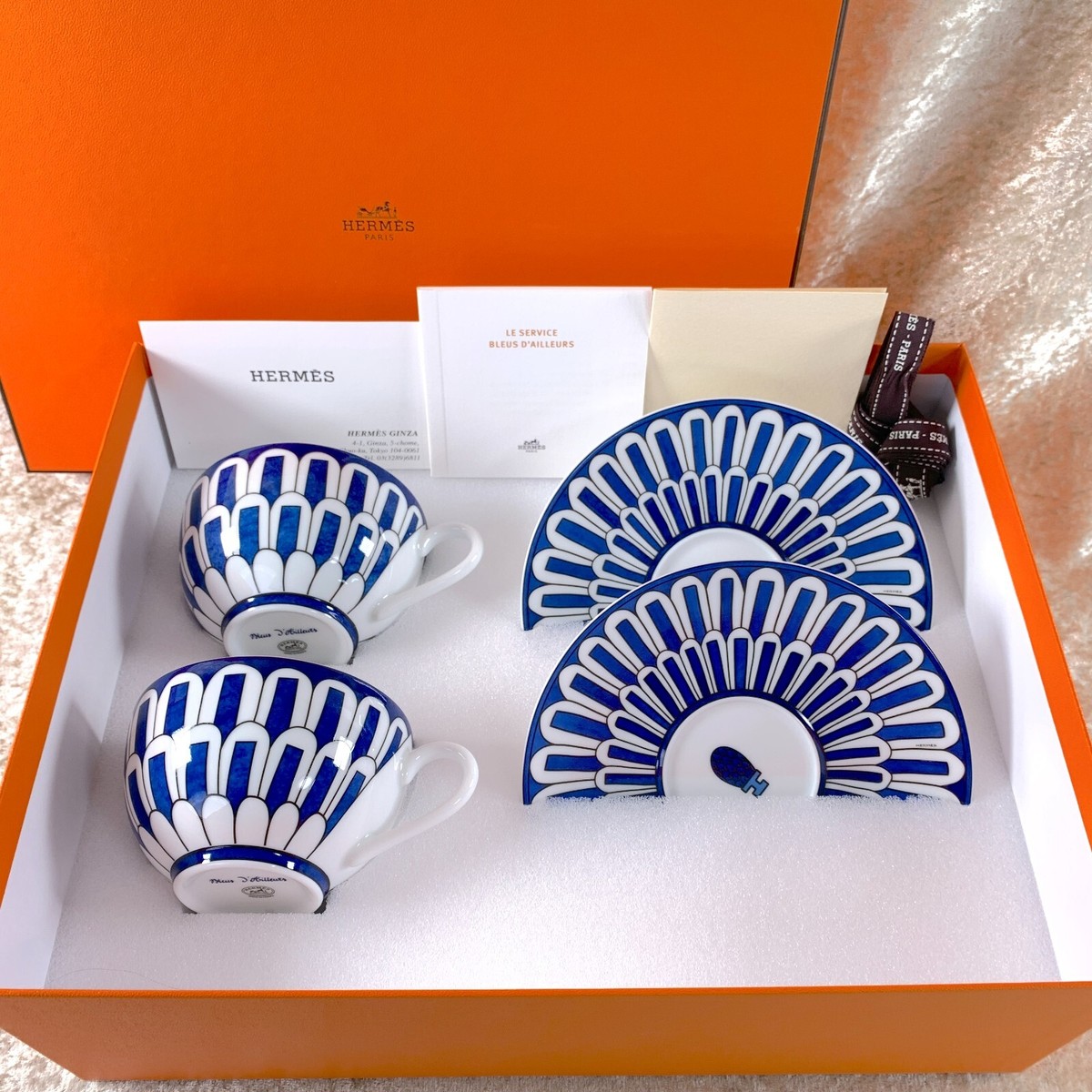 Hermes Bleus d'Ailleurs Tea Cup & Saucer 2 Sets Blue Porcelain