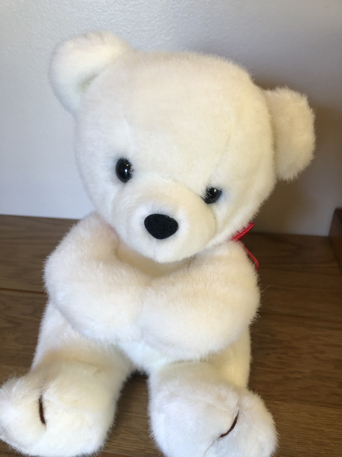 Vintage 1991 Prestige Toy Corp WHITE TEDDY BEAR Plush Red Bow Hands Together 9”