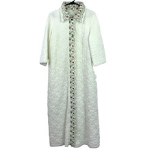 Vintage Gaymode Penneys Lounging White Embroidered Quilted Long House Coat Robe