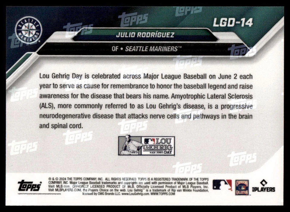 2024 Topps Now Julio Rodriguez #LGD-14 Lou Gehrig x Sarah Langs Mariners - Image 2 of 2