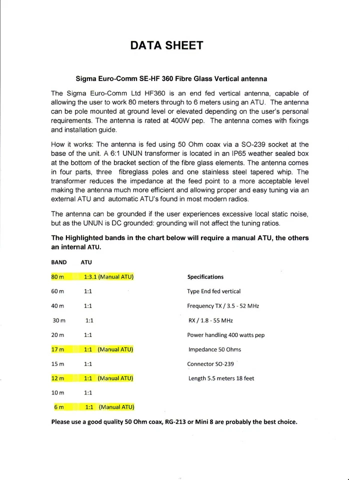 SE HF-360  FIBRE GLASS VERTICAL RADIAL FREE ANTENNA  80 TO 6 METRES - Image 4 of 4