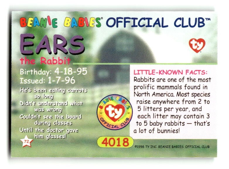 1998 Beanie Babies Series I Trading Cards #4018 EARS the Rabbit
