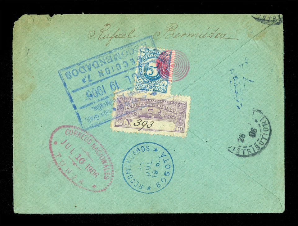 COLOMBIA 1906 Registered cover from TUNJA (scarce) to France w/ 5c Sc# 317+ F20 - Image 3 of 3