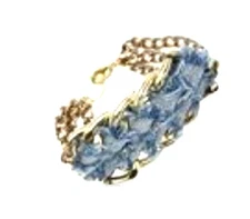 New ELLE Blue Demin Fabric And Yellow Gold Tone Chain Cuff Wrap 9 Inch Bracelet 