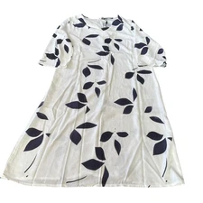 C.O.Z.Y A Line Dress Womens Large White Blue Bamboo Leaf Print Vacation Back Zip