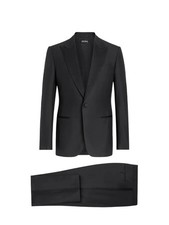 3,990 ZEGNA - Solid Black Wool Peak Lapel Tuxedo - 46R