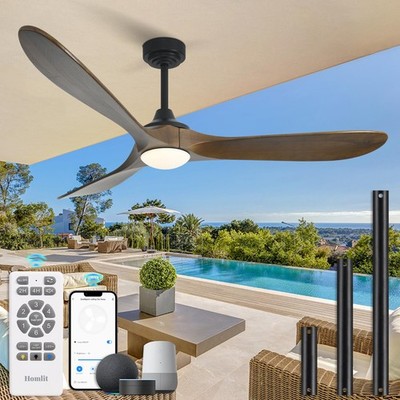 60  Outdoor Ceiling Fan with Light 3 Downrods, Smart Wood Ceiling Fan Compati...