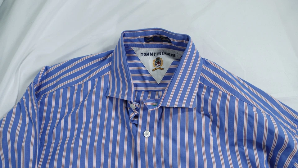Camisa Tommy Hilfiger Para Hombre 17 32-33 Azul Rojo Rayas Vestido Abotonado Clásico Foto 2 de 4