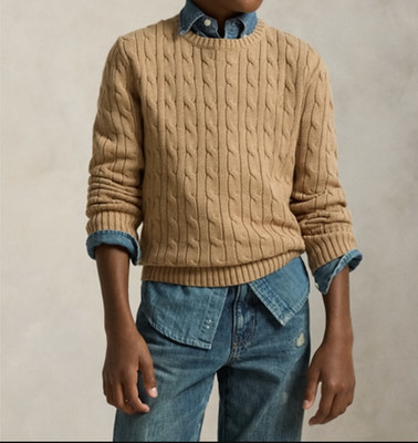 NEW POLO RALPH LAUREN Boys 8-20 Cable-Knit Cotton Sweater - CAMEL HEATHER SIZE L