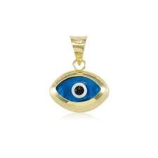 3D Oval Ocean Blue Evil Eye Good Luck Charm Pendant Real Solid 14K Yellow Gold