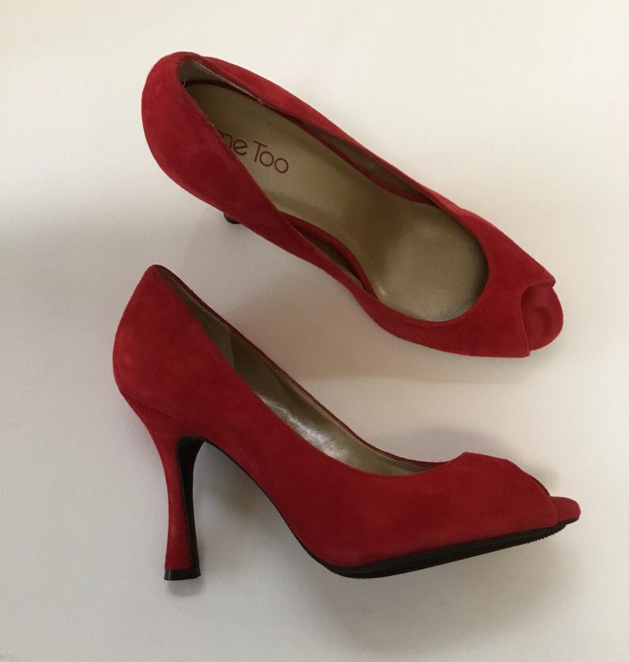 Zapatos de tacón alto ME TOO de gamuza con punta abierta para mujer talla rojo EE. UU. NUEVOS SIN CAJA Foto 2 de 4