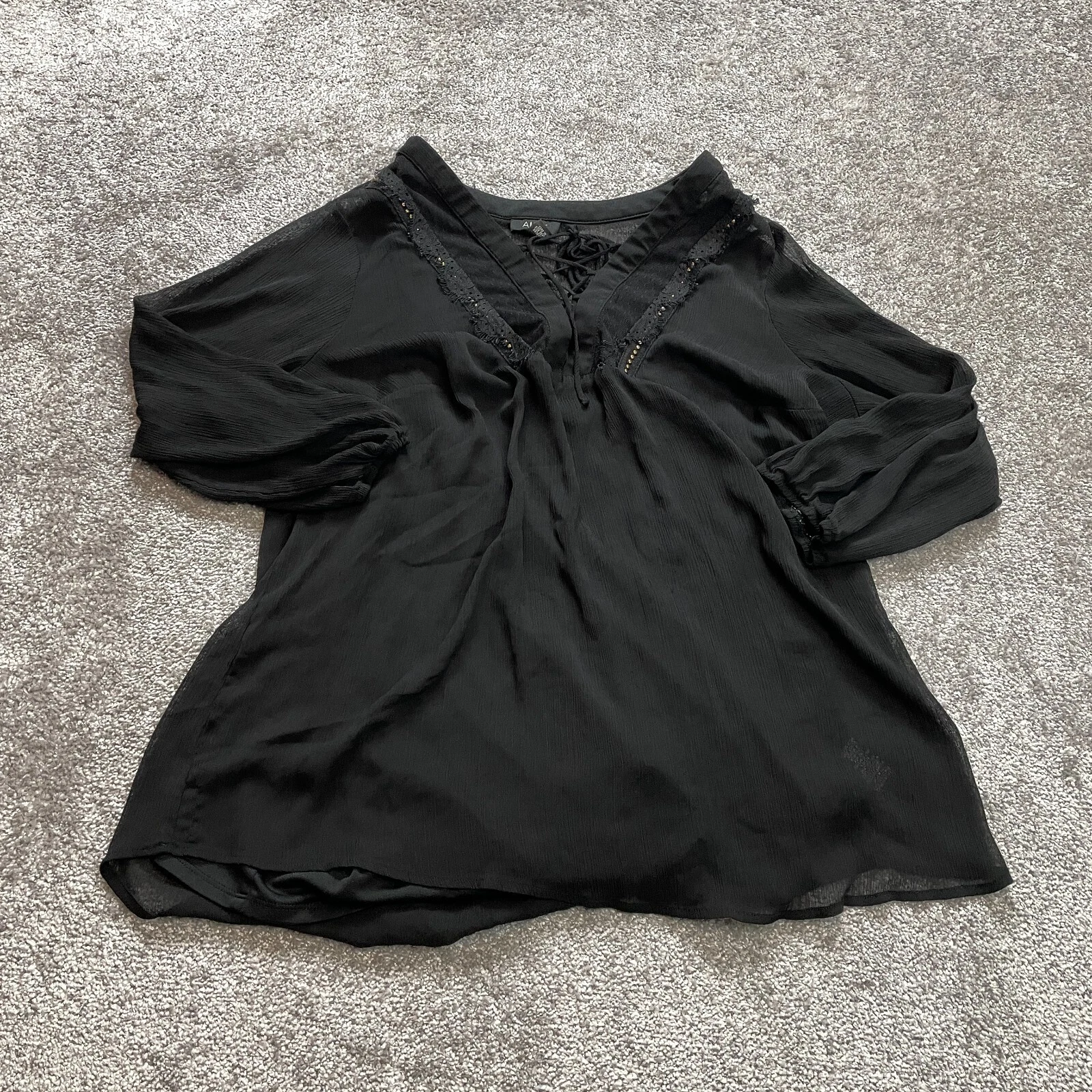 Camicia blusa Alyx donna 2X nera manica lunga pizzo incrociato scollo a V canotta fodera