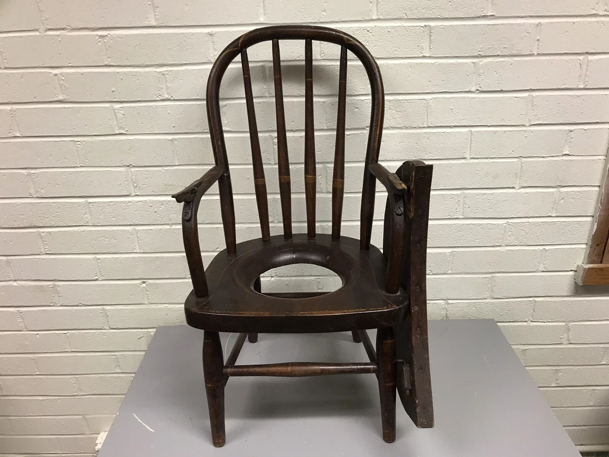 ANTIQUE VTG WOOD POTTY CHAIR WITH SWIVEL TRAY DARK WOOD WITH PAINTED LINES BEAUT