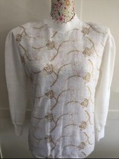 White Afibel Turtleneck Jumper Gold Embroidered Floral Pattern Size 10/12