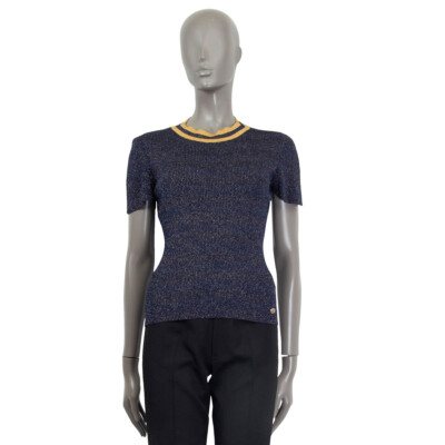 65942 auth CHANEL dark blue viscose 2019 NEW YORK LUREX KNIT T
