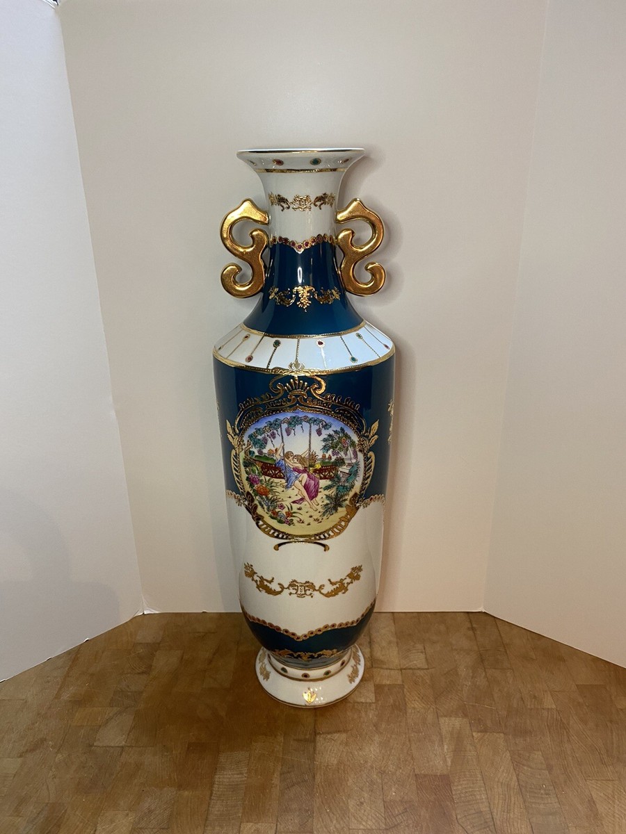 Vintage L. F. Limoges 18” painted Vase fine porcelain Emerald