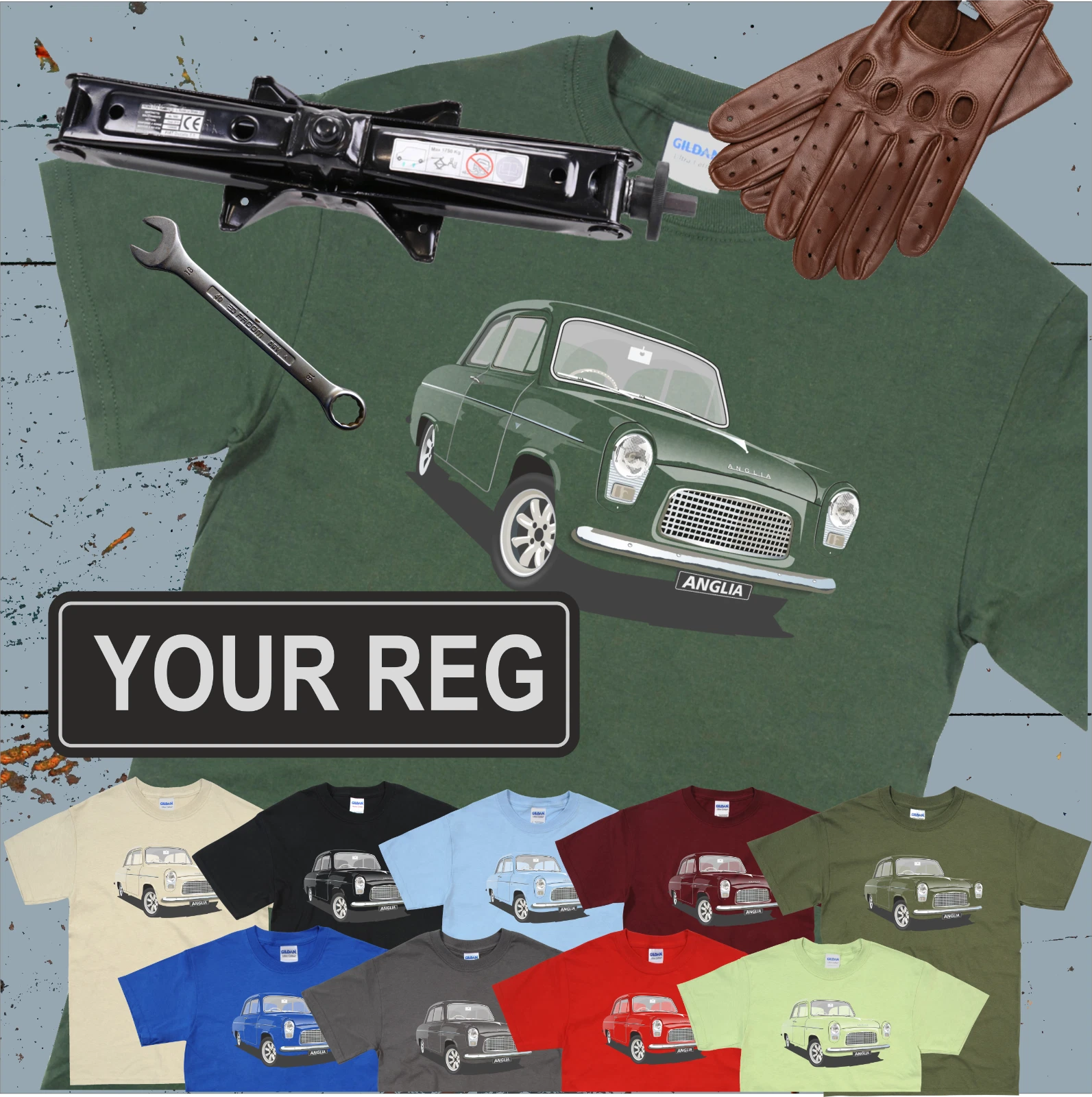 Ford Anglia 100E T Shirt, Personised Plate Classic Car Ten Colours S-5XL