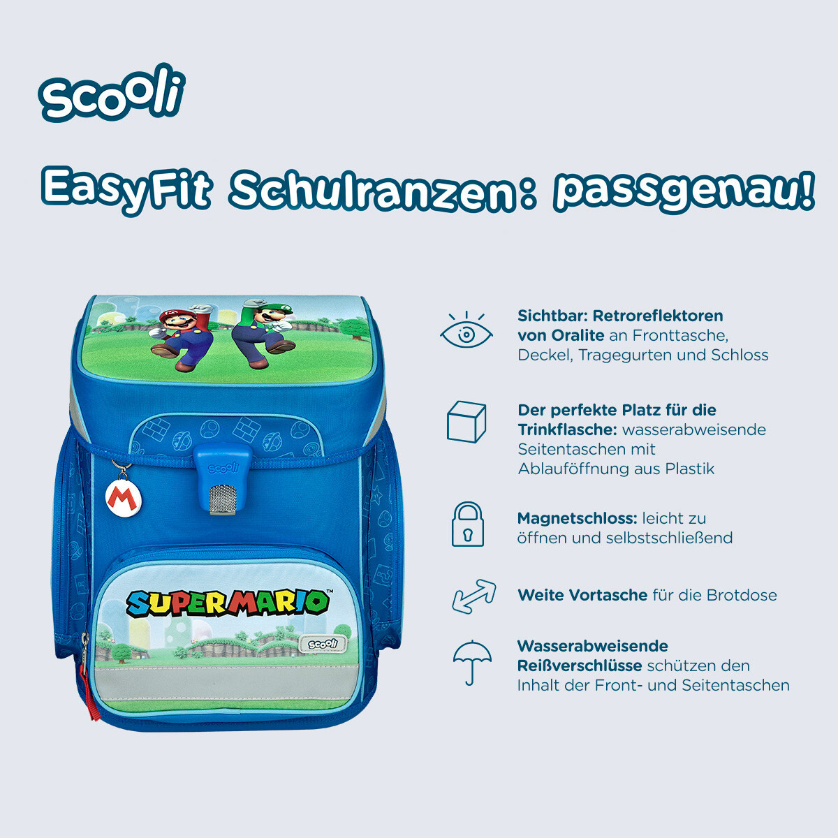 SUPER MARIO - SCOOLI EasyFit Schulranzen-Set 8tlg. - Platzdeckchen Gratis